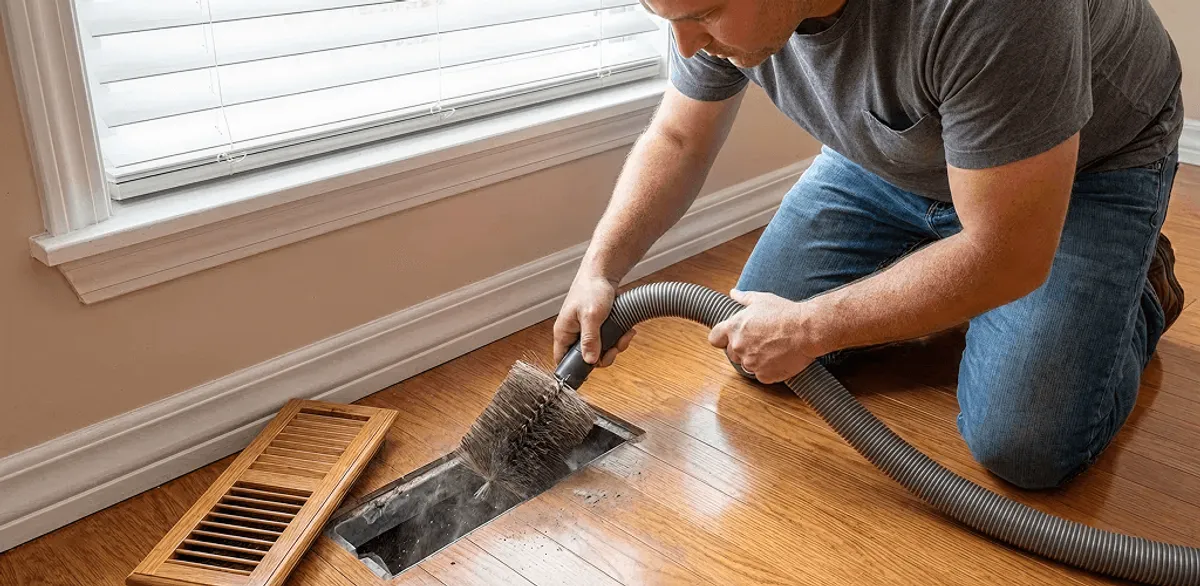 Air duct cleaning technician vacuuming a floor vent and duct opening in Charlotte, NC