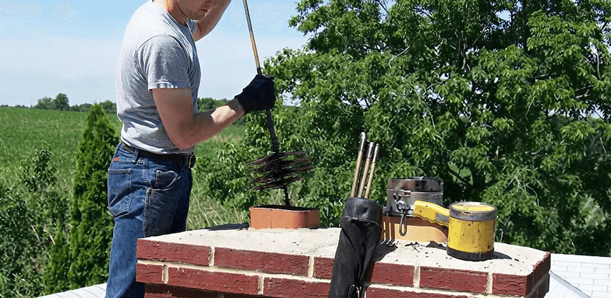 Chimney cleaning technician working on a rooftop chimney with professional tools in Charlotte, NC