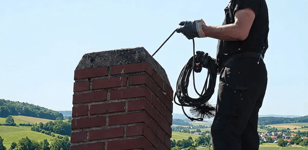 Chimney sweep inspecting and cleaning a rooftop chimney in Charlotte, NC