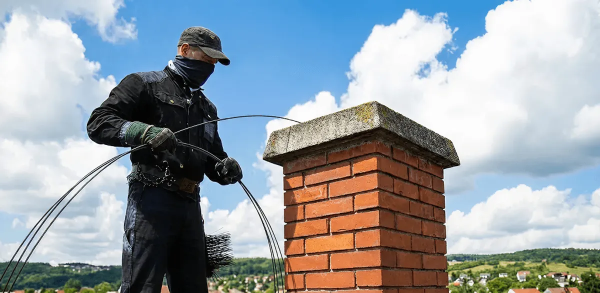 Chimney sweep cleaning a brick chimney with professional tools in Charlotte, NC