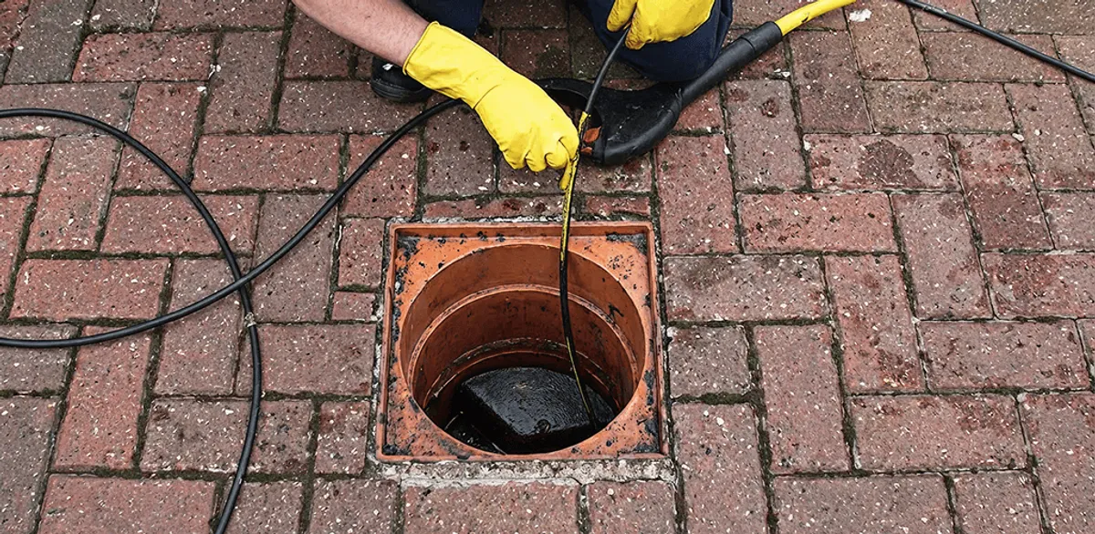 Drain cleaning technician using a drain snake to clear a clogged drain in Charlotte, NC