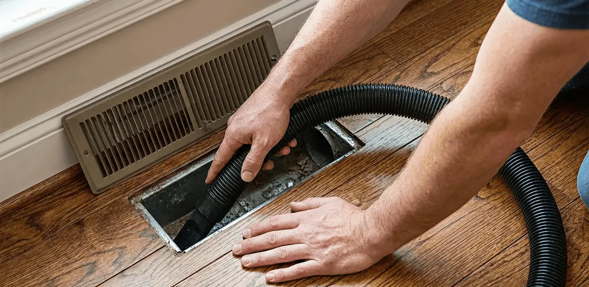 Air duct cleaning technician vacuuming a floor register and duct opening in Charlotte, NC