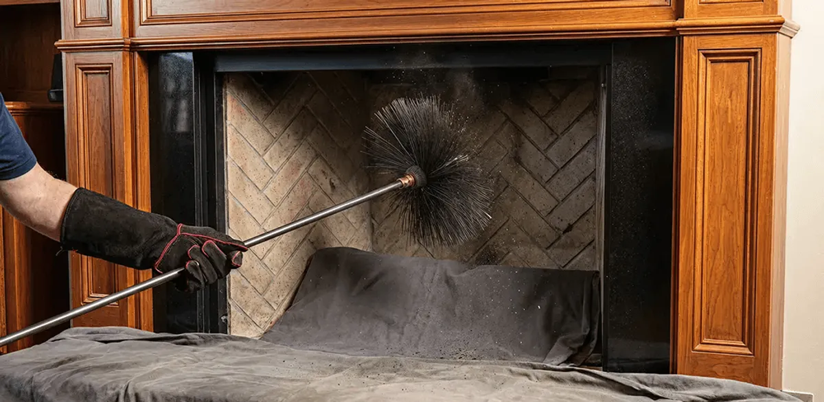 Chimney cleaning service brushing soot from a fireplace and flue in Charlotte, NC