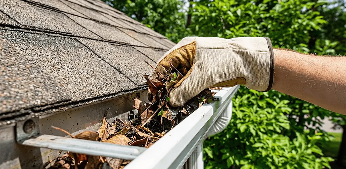 Gutter cleaning removing leaves and debris from roof gutters in Charlotte, NC