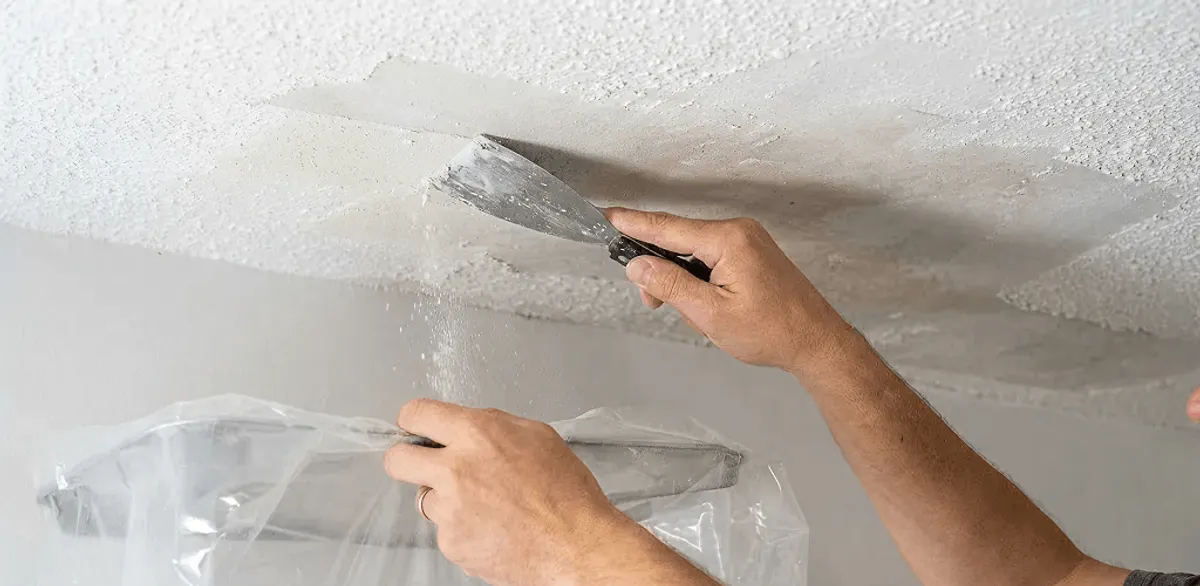 Popcorn ceiling removal technician scraping texture from a ceiling in Charlotte, NC