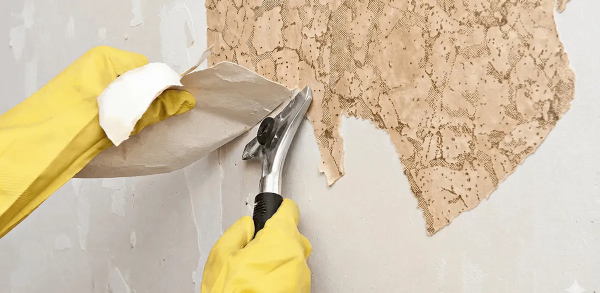 Wallpaper removal service stripping old wallpaper from a wall in Charlotte, NC