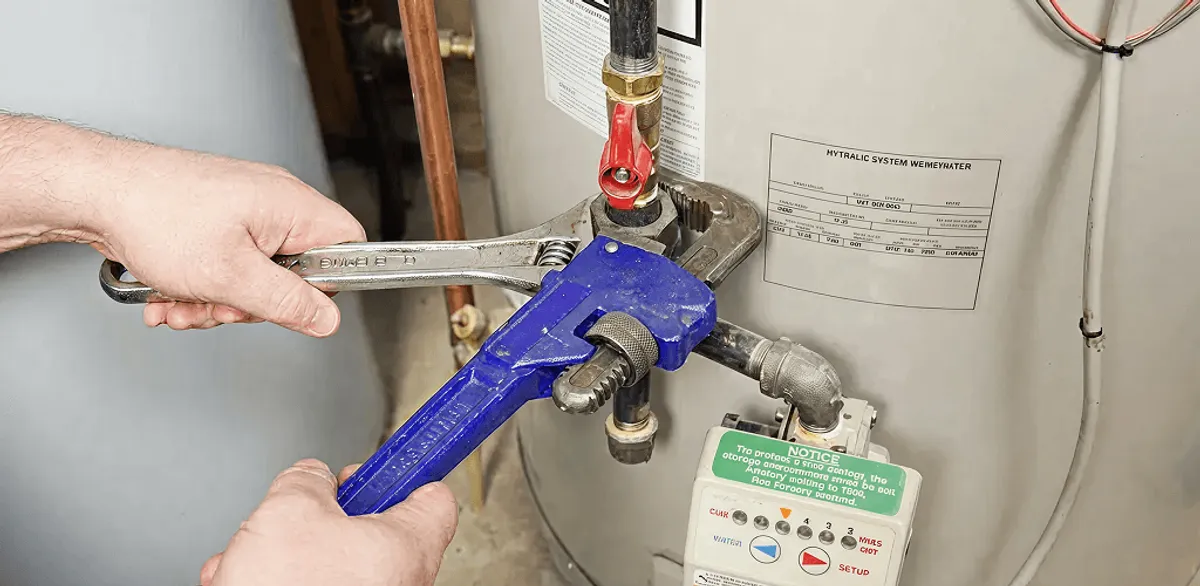 Water heater repair technician tightening the shutoff valve and supply line in Charlotte, NC