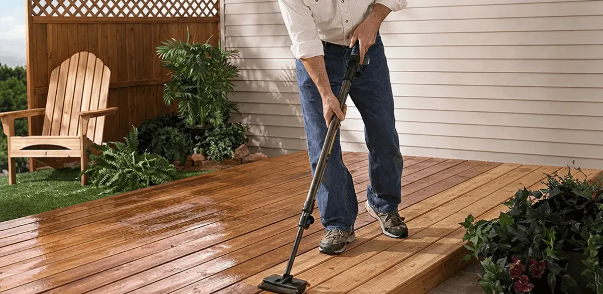 Deck staining service applying stain to a backyard wood deck in Charlotte, NC